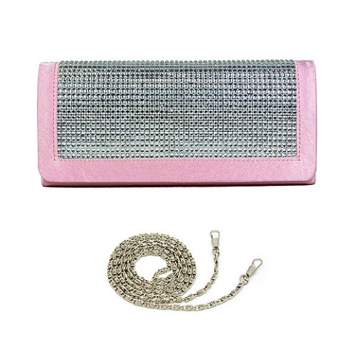 Evening Bag - Satin w/ Acrylic Stoned Flap Accent - Pink - BG-100168PN
